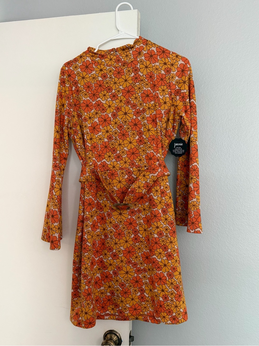 NWT Joanie Tate Floral Marigold Print Long-Sleeve Belted Dress